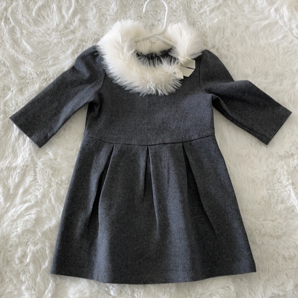 Janie and jack Festive Fox Faux Fur Collar Gray Dress Size 3